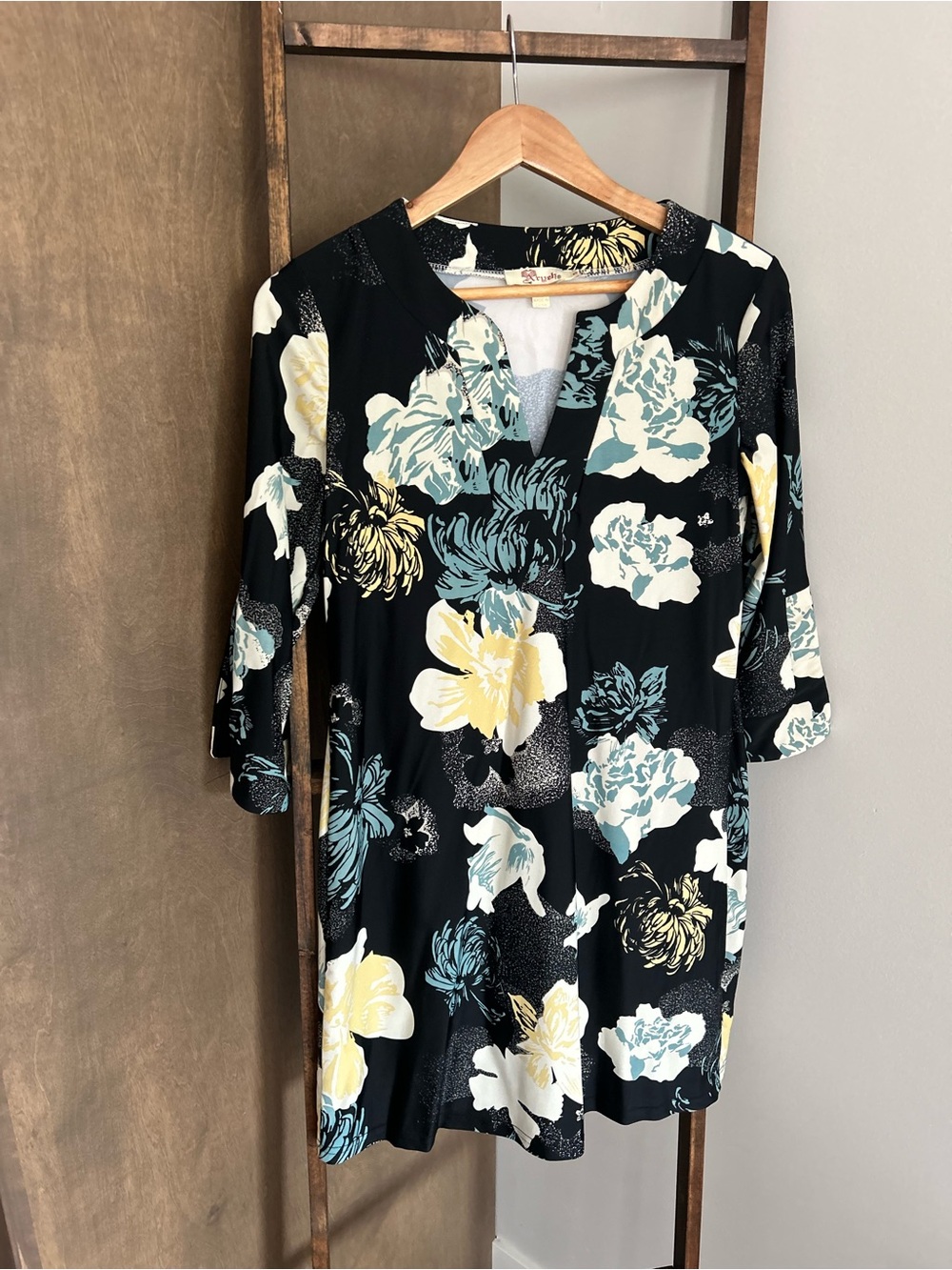 Aryeh Black Floral Split-Neck Dress with Yellow and Teal Blooms